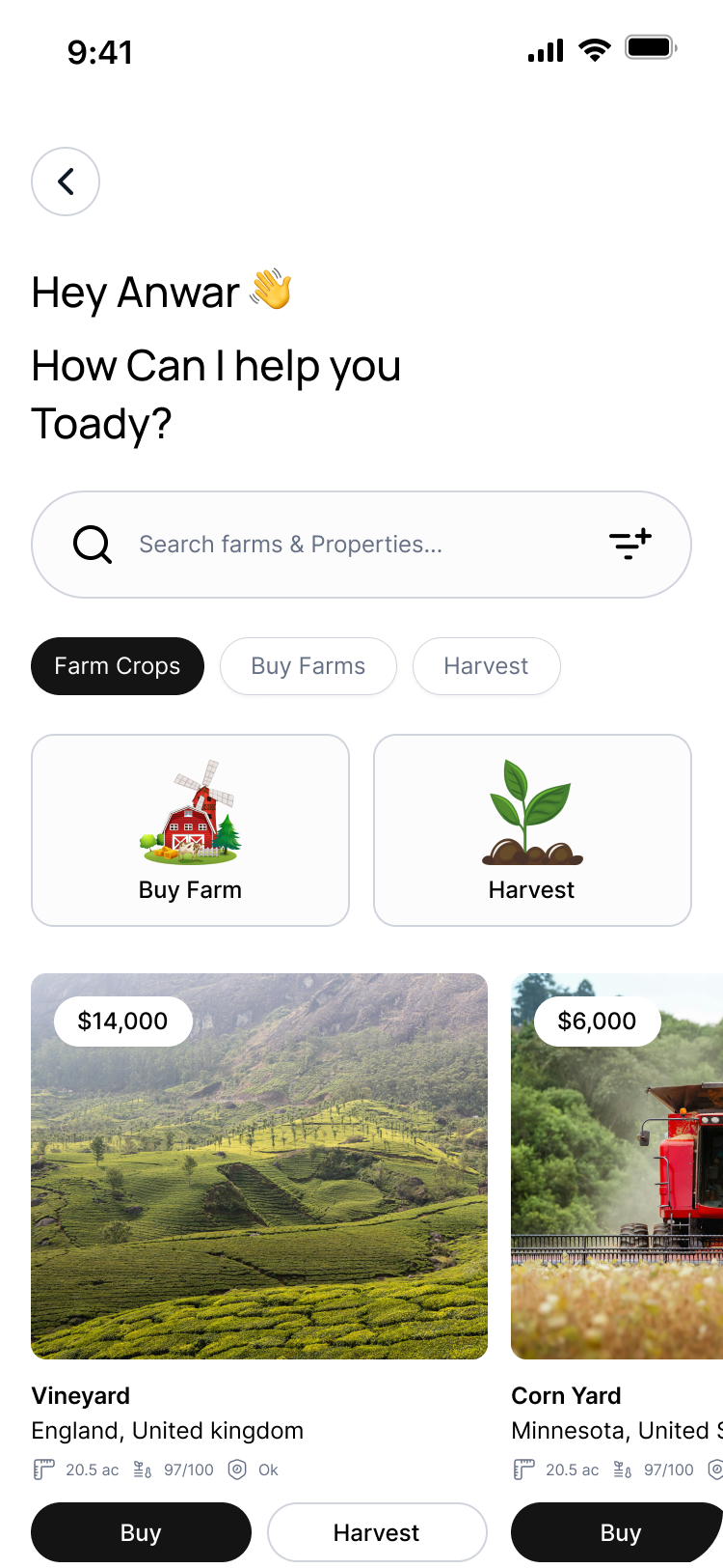 INGANTA app search interface showing listings for a vineyard and a corn yard