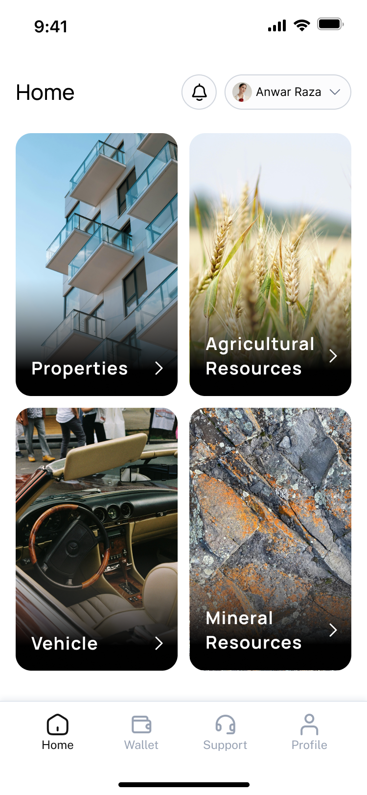 INGANTA app home screen with categories for Properties, Agricultural Resources, Vehicle and Mineral Resources